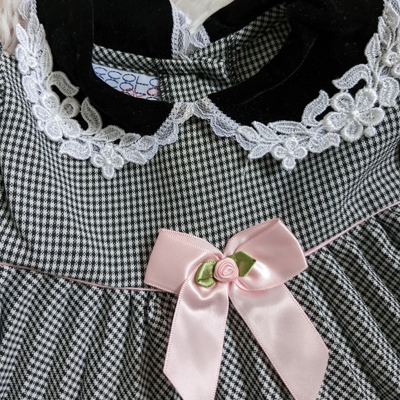Piccolo Velvet-trimmed Pleated Check Dress Lacey Peter-pan Collar 12m - Picture 3 of 11